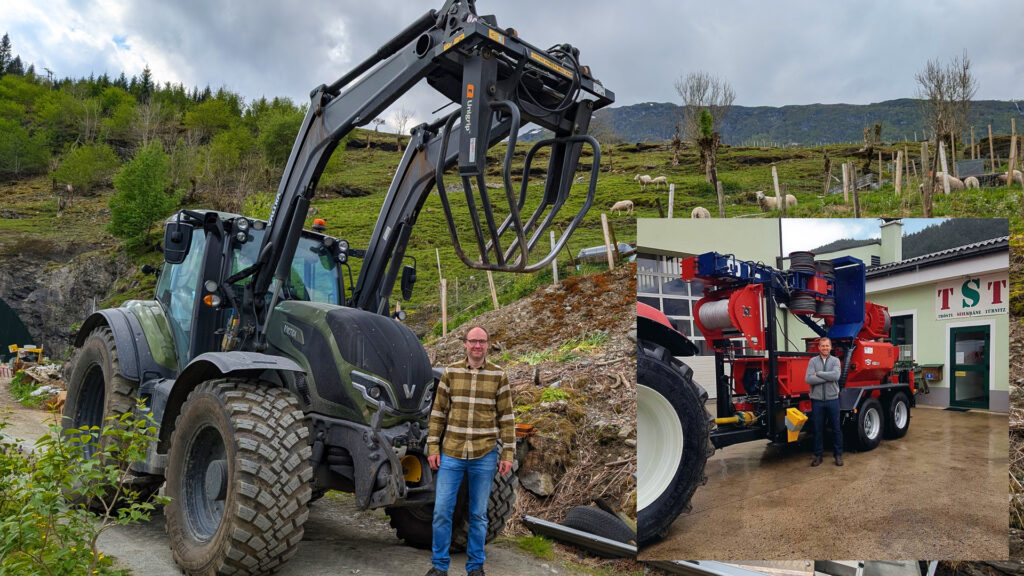 Steffen Hagenes framfor traktoren av merke Valtra som skal nyttast til å trekke tømmervogna. Den nyleg bestilte taubana (TST 400) er enno ikkje kome til Granvin, og er difor innfelt i biletet.