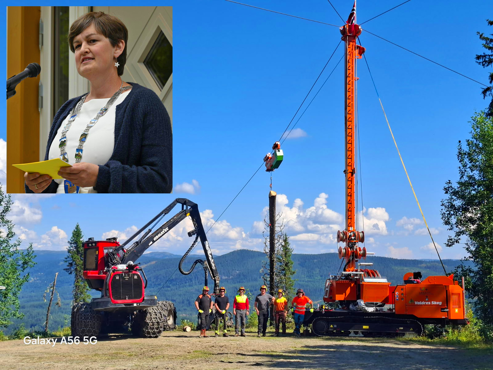 Det er venta mykje folk til taubanekurset i Valdres. Ordførar Marit Hougsrud (innfelt) ser fram til å møte deltakarane som også skal få sjå den nye taubane til Valdres Skog under ei skogsdrift i Etnedal aust for Fagernes.
Foto: Valdres Skog AS og Hedalen.no.